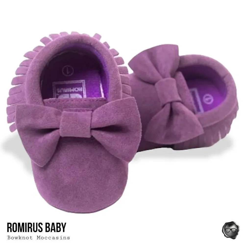 FIRST WALKERS ROMIRUS BABY SLIP-ON MOCCASINS W/ BOW & FRINGE IN PURPLE SUEDE